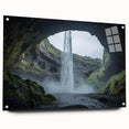 Acrylic landscape artwork depicting a serene cave scene, displayed in a glass frame with pins for secure mounting, showcasing vivid colors and intricate details.