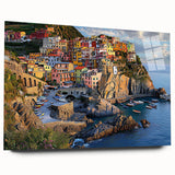 Acrylic landscape art showcasing dramatic cliffs in vibrant colors, displayed in a sleek glass frame, ideal for modern home decor and artistic inspiration.