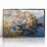 Framed acrylic artwork depicting dramatic cliffs against a serene landscape, featuring rich gold accents, ideal for modern home or office decor. Perfect for nature lovers and art enthusiasts seeking a bold focal point.