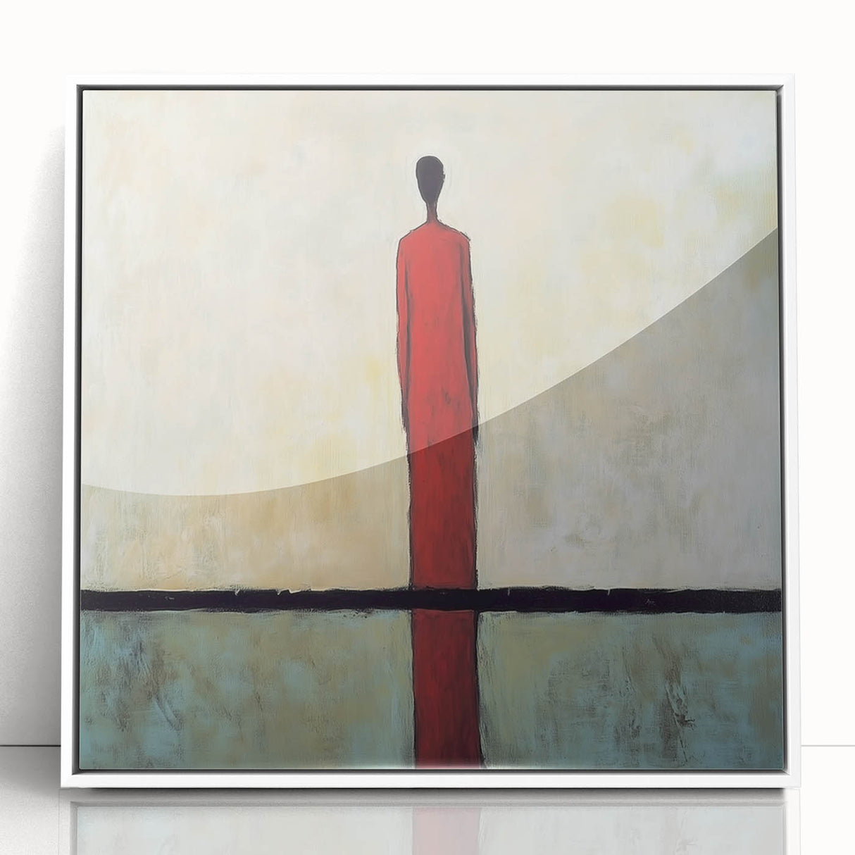 Framed abstract figurative artwork in white acrylic, showcasing vibrant colors and dynamic shapes, perfect for modern home decor or artistic spaces.