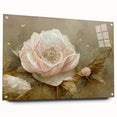 Abstract floral wall art design displayed in a side view, featuring vibrant colors and intricate patterns, mounted with decorative pins on a sleek acrylic glass surface. Ideal for modern home decor and art enthusiasts.