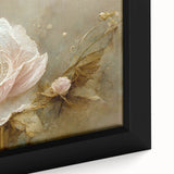 Close-up of a framed canvas featuring vibrant abstract floral wall art in shades of blue, pink, and yellow, perfect for modern home decor.