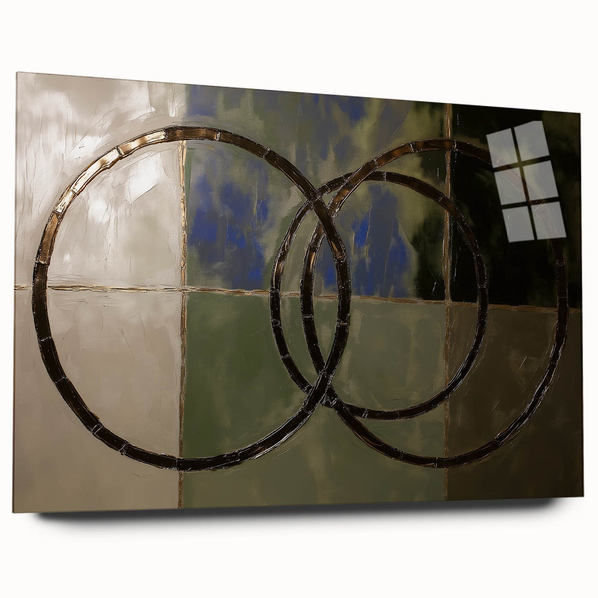 Abstract geometric acrylic glass wall art in a side view, showcasing vibrant colors and intricate designs, perfect for modern home decor and artistic expression.