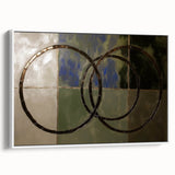 Framed abstract geometric canvas artwork displaying a contemporary design with a white background and bold shapes, ideal for modern home decor and interior styling.