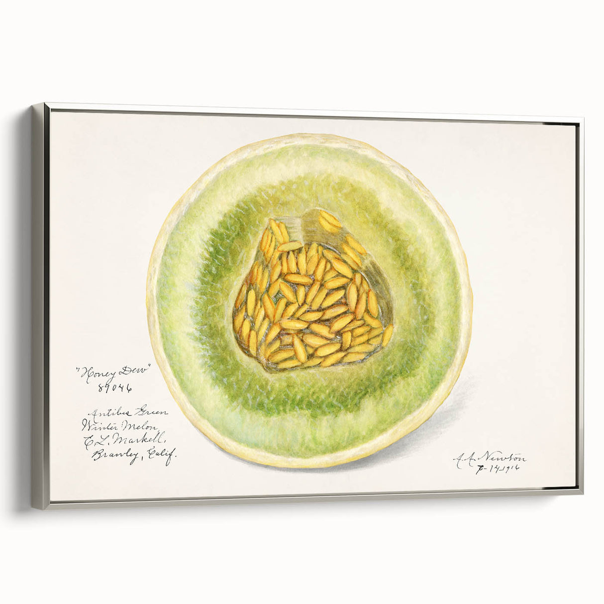 Framed canvas featuring a vintage poster of colorful fruit assortment on a black background, ideal for kitchen wall decor.