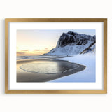 Landscape wall art featuring serene beach scene framed in gold with a white mat, showcasing vibrant colors and calming ocean waves, ideal for home decor.