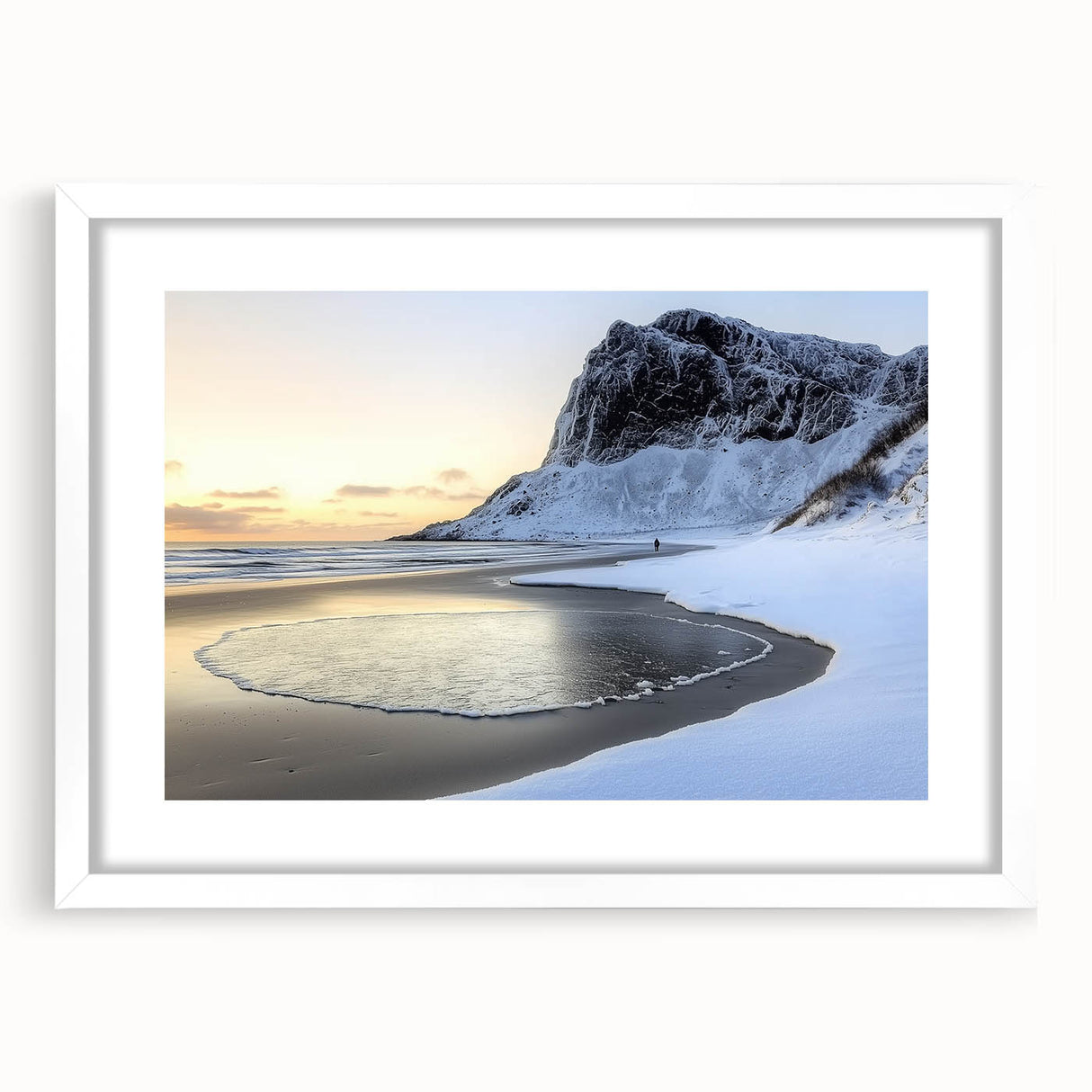 Framed landscape art of serene beaches with a white mat, showcasing vibrant blue skies and golden sands, perfect for coastal-themed decor.