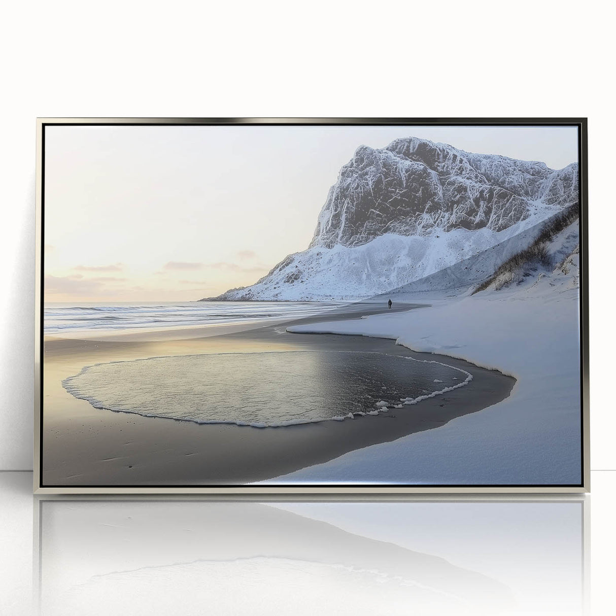Framed acrylic artwork depicting a serene beach landscape with gentle waves and a clear blue sky, elegantly showcased in a silver frame, perfect for coastal-themed decor.