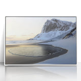 Framed acrylic artwork depicting a serene beach landscape with soft waves and a clear sky, highlighting vibrant colors and tranquil scenery, perfect for coastal decor.