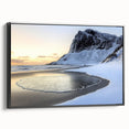 Framed landscape canvas showcasing a serene beach scene with vibrant colors, featuring black edges and a side view that highlights its depth and texture. Ideal for coastal home decor.