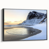 Framed landscape canvas showcasing a serene beach scene with vibrant colors, featuring black edges and a side view that highlights its depth and texture. Ideal for coastal home decor.