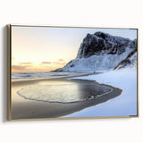 Framed canvas artwork showcasing a serene beach landscape with vibrant colors and a gold frame, perfect for enhancing home decor and creating a calming atmosphere.