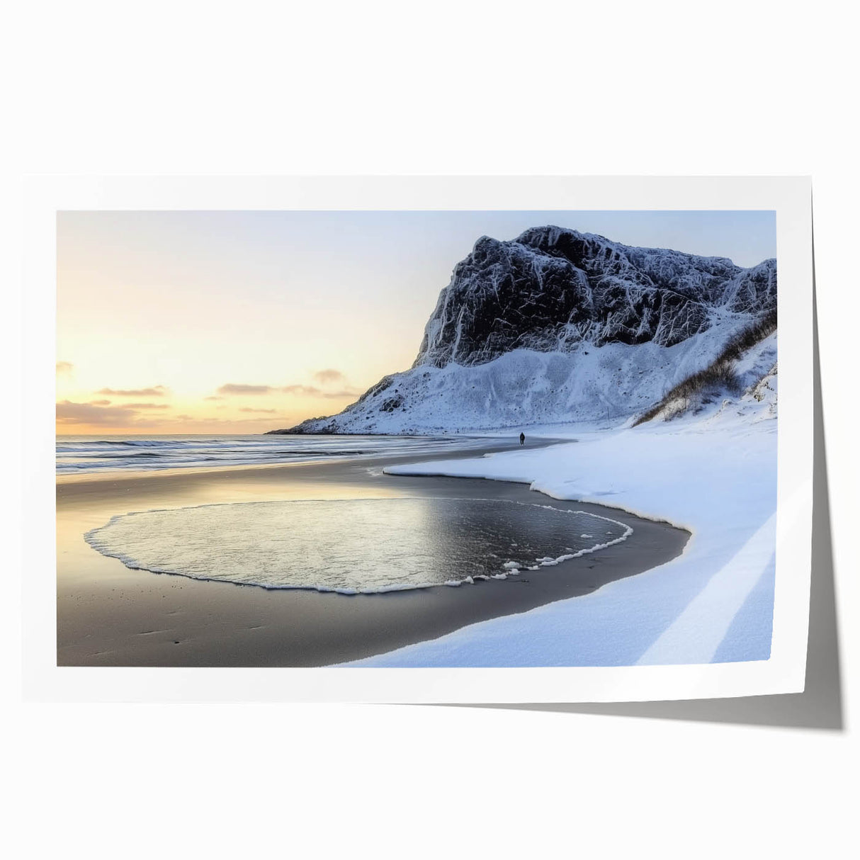 Stunning landscape print of tranquil beaches showcasing soft waves and golden sands, rolled and ready for framing, perfect for coastal-themed decor.
