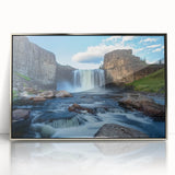 Framed acrylic artwork showcasing a stunning landscape of canyons, featuring rich earth tones and intricate details, perfect for modern home decor.