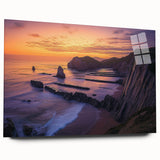 Acrylic landscape artwork showcasing dramatic cliffs, displayed in a sleek glass frame with a side view, highlighting vibrant colors and intricate details. Perfect for modern home decor.