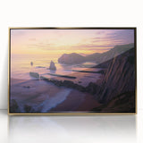 Framed acrylic artwork showcasing a dramatic landscape of golden cliffs under a vibrant sky, perfect for modern home decor to enhance any room's ambiance.