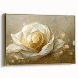 Framed canvas wall art showcasing an abstract floral design in vibrant colors, featuring gold accents and a sleek side profile, perfect for modern decor.
