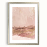 Abstract landscape wall art framed in silver with a white mat, showcasing vibrant colors and organic shapes, perfect for modern home decor.