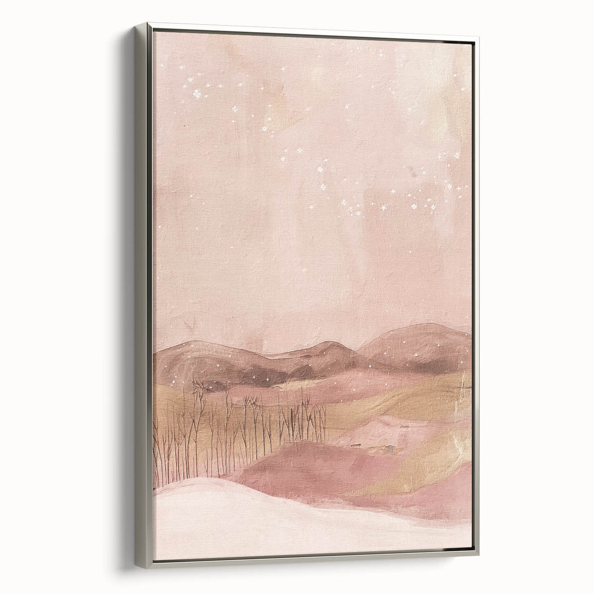 Framed canvas wall art depicting abstract landscapes in soothing silver tones, showcasing a modern design suitable for contemporary home decor.