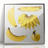 Mid-century modernist art featuring assorted fruits in vibrant colors on a silver framed acrylic print.