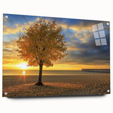 Acrylic glass artwork depicting a serene beach landscape with vibrant colors, secured with pins for display. Ideal for adding a coastal vibe to modern decor.