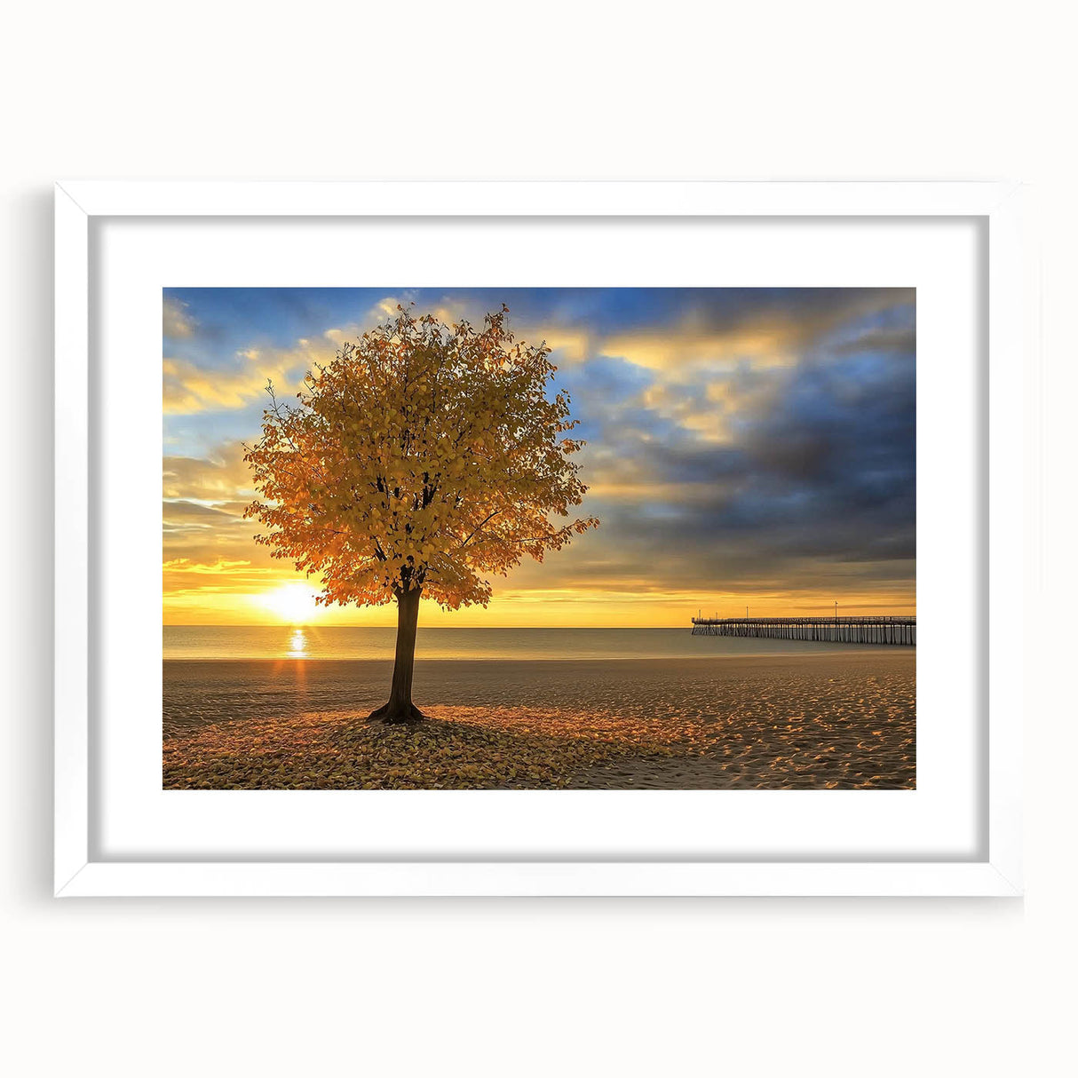 Landscape artwork featuring a serene beach scene within a white mat frame, showcasing soft pastel colors and gentle waves, perfect for coastal home decor.
