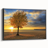 Framed landscape canvas depicting a serene beach scene with vibrant blue skies and soft waves, featuring a sleek black frame that enhances its modern appeal.