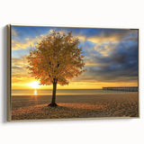 Framed canvas artwork depicting a serene beach landscape with golden accents, showcasing vibrant colors and a stylish side view, perfect for home decor.