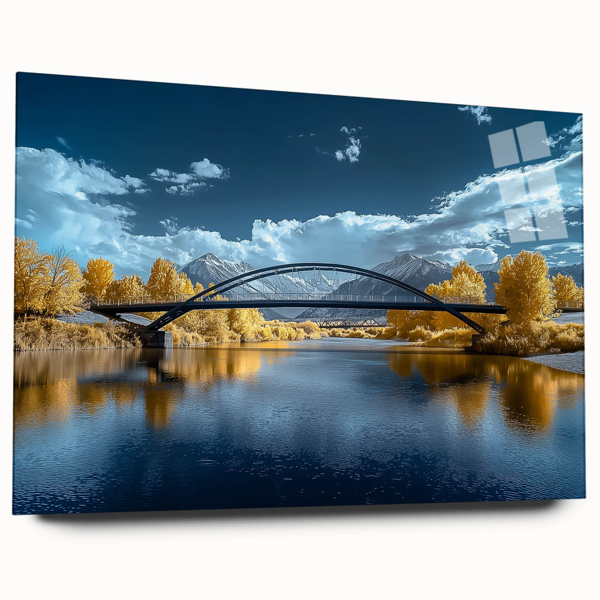 Landscape bridge design in acrylic glass, showcasing a modern aesthetic with clear lines and a vibrant color palette, presented from a side view without pins, ideal for contemporary decor.