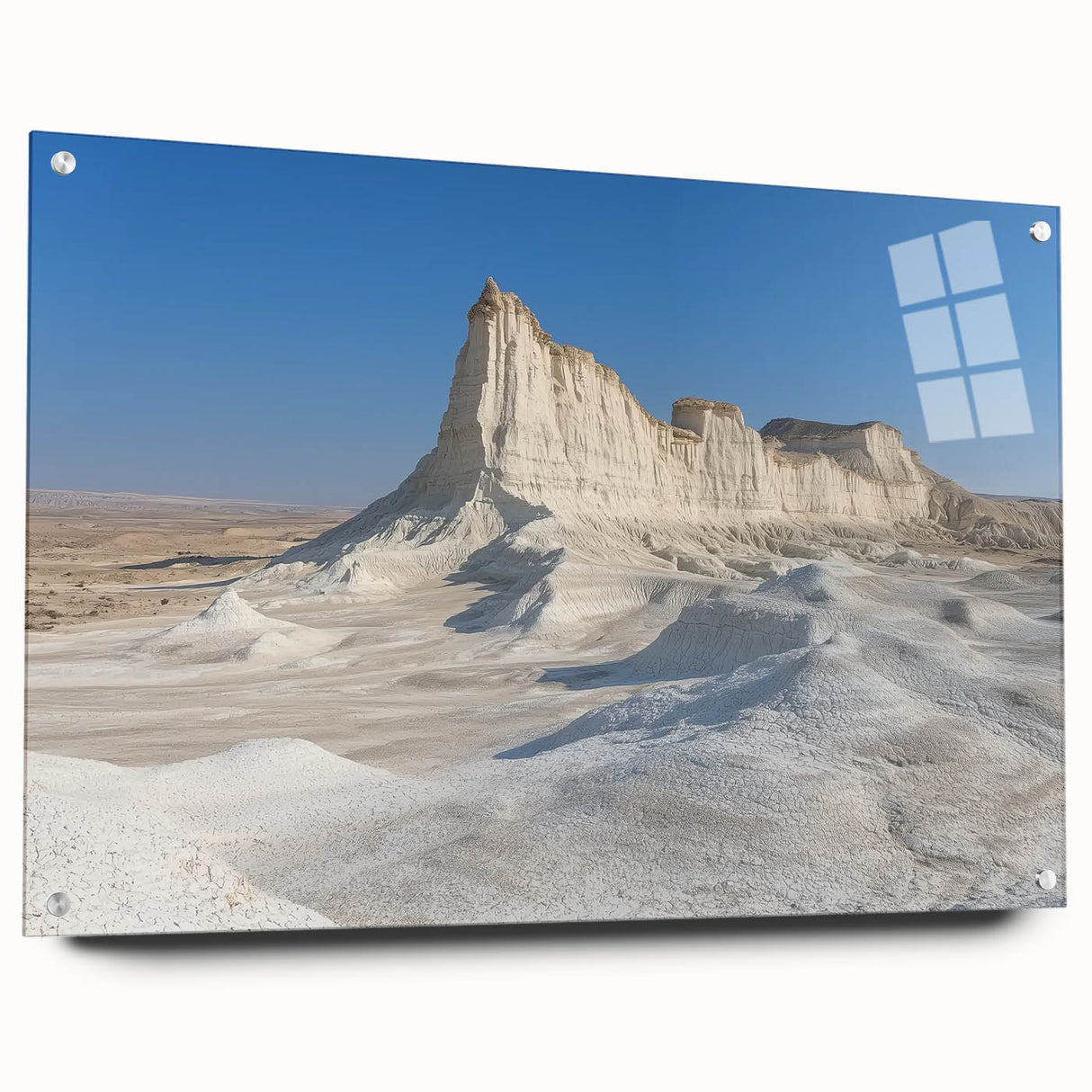 Acrylic glass artwork depicting a vibrant landscape of canyons, showcasing rich earth tones and layered textures, mounted with stylish pins for display.