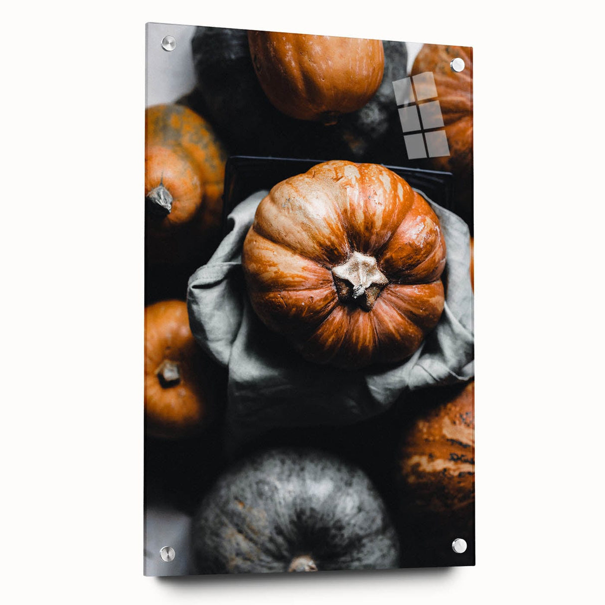 Large abstract wall art on acrylic glass, featuring vibrant autumnal shades, suitable for bedroom or dining room decor.
