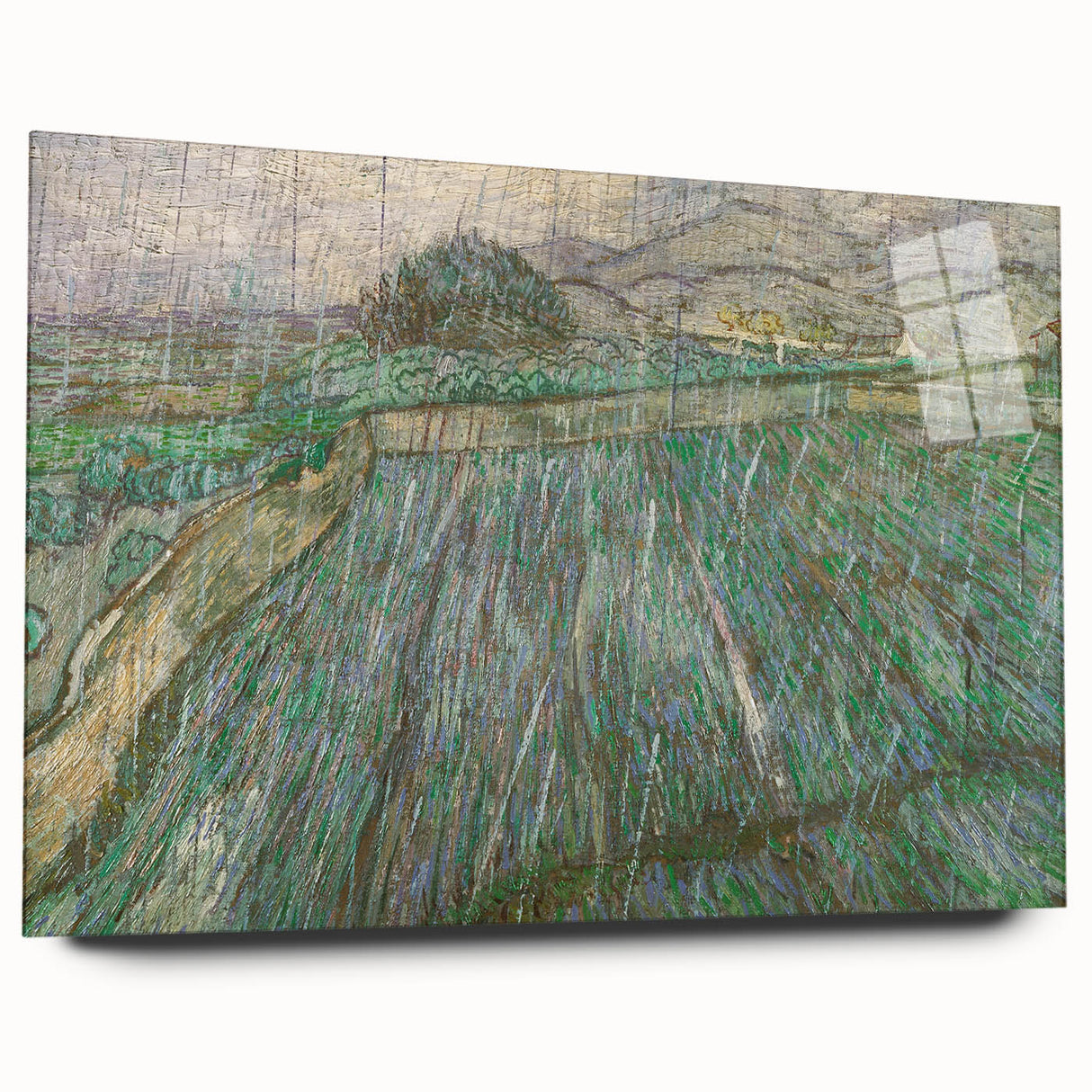 Large abstract wall art on acrylic glass depicting vibrant, swirling blue and yellow patterns.