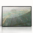 Large abstract wall art print on acrylic, featuring swirls of blue and yellow in a mid-century modernist style.
