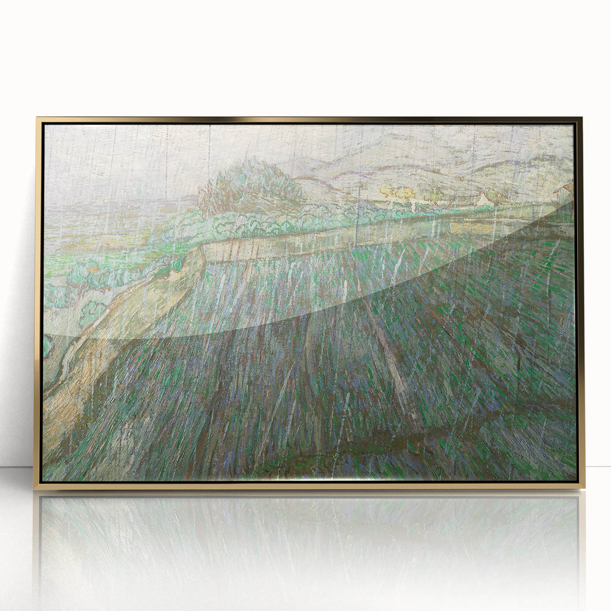 Art deco poster of a Van Gogh painting in a gold frame, using a palette of blues and yellows, ideal for nursery wall art.