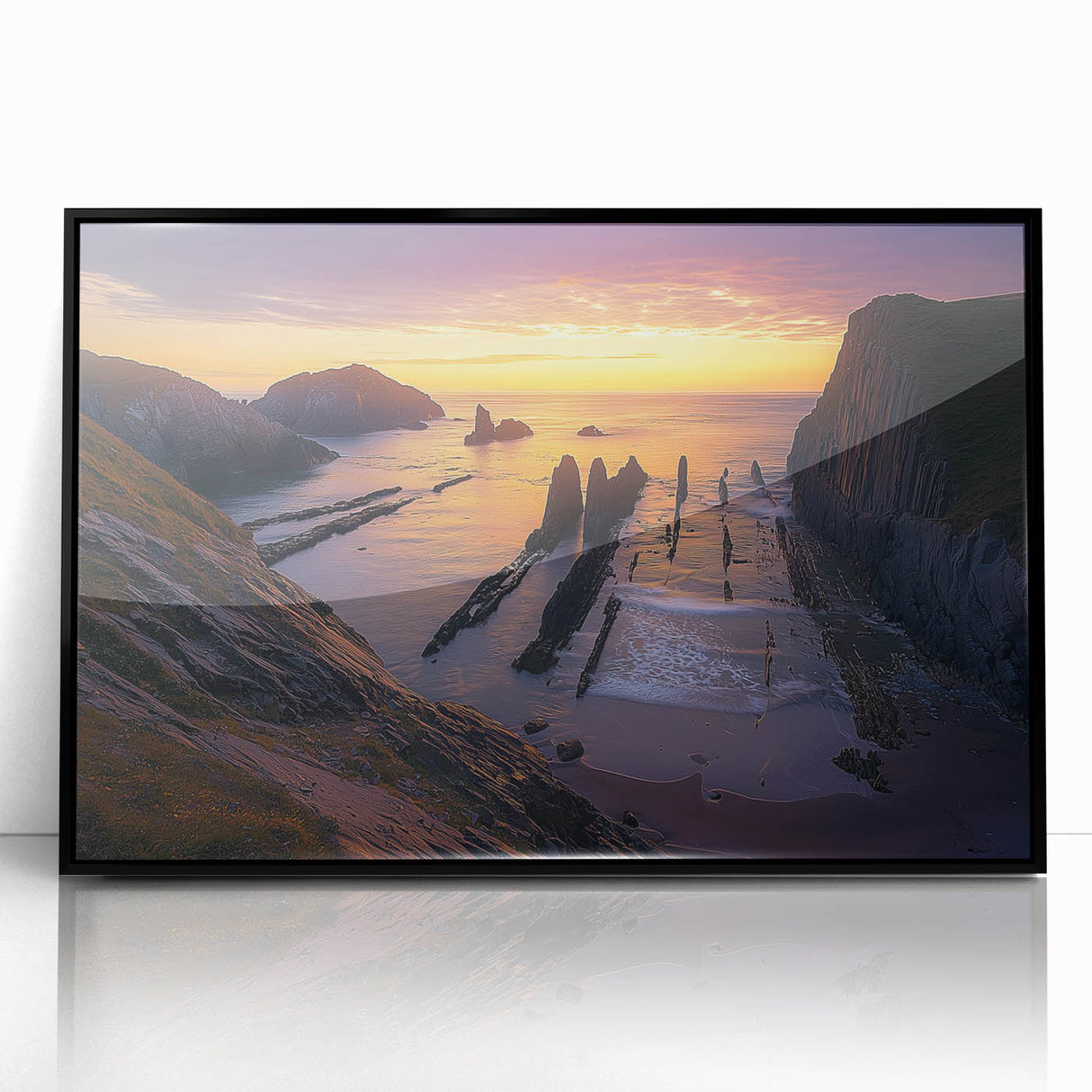 Framed acrylic artwork depicting dramatic cliffs and landscapes in vibrant colors, showcasing intricate details and textures against a sleek black frame, ideal for modern home decor.