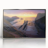 Framed acrylic artwork depicting a stunning landscape of cliffs with vibrant colors and intricate details, perfect for enhancing modern home decor.