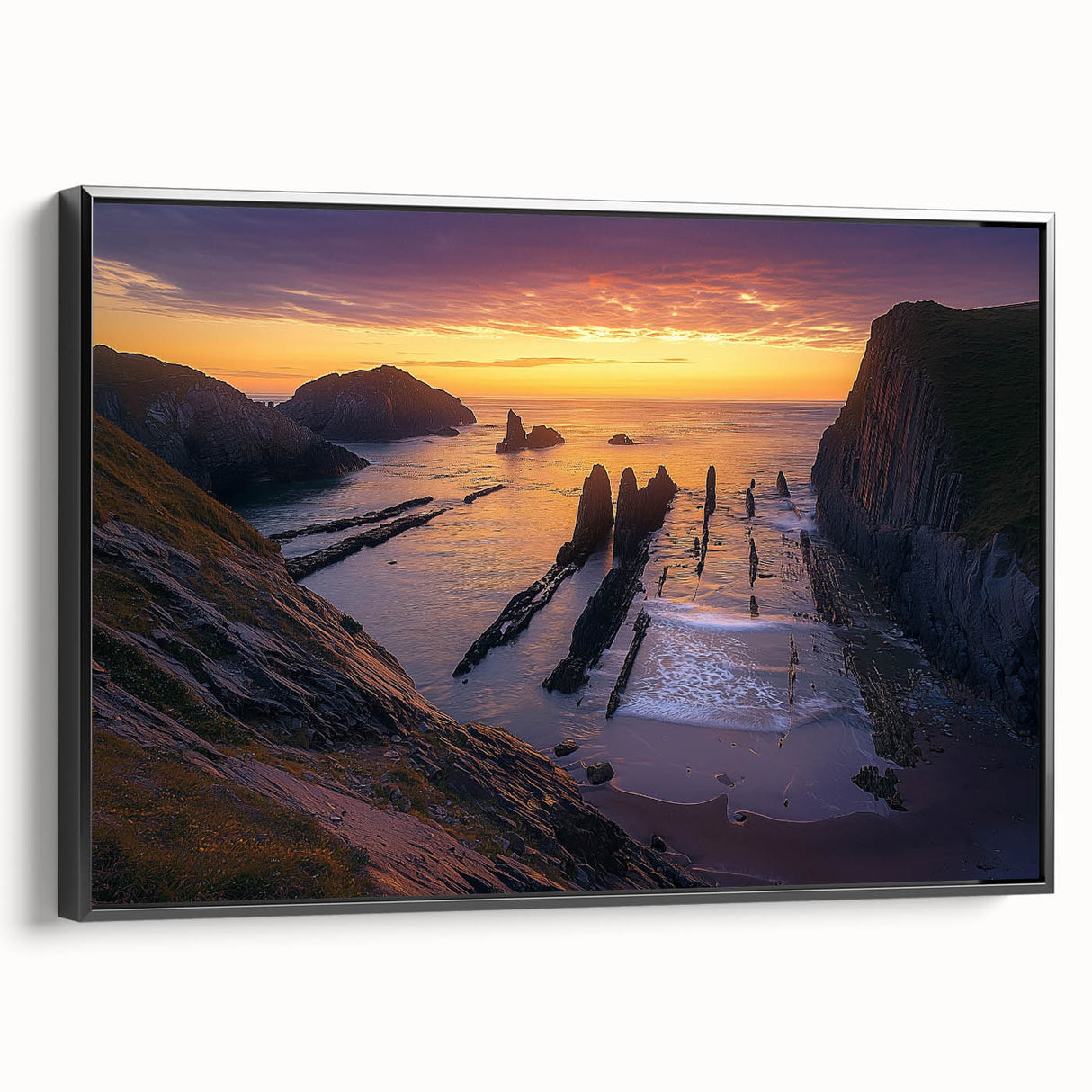 Framed canvas artwork depicting a breathtaking cliffside landscape with vibrant colors and intricate details, ideal for modern home decor.