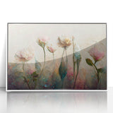 Framed abstract floral wall art design with vibrant colors on acrylic, set in a sleek white frame, perfect for modern home decor accents.