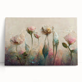 Abstract floral wall art on stretched canvas, showcasing vibrant colors and intricate designs, leaning against a neutral wall, perfect for modern decor.