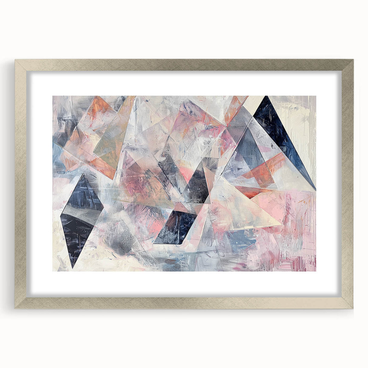 Abstract geometric frame with a silver mat, showcasing a modern design perfect for contemporary decor, highlighting sharp angles and clean lines.