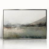 Framed acrylic wall art depicting an abstract landscape design with silver accents, showcasing vibrant colors and fluid shapes, perfect for modern decor.