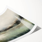 Abstract landscape wall art print showcasing vibrant colors of orange, blue, and green, rolled for easy shipping and display in home decor settings. Ideal for modern interiors.