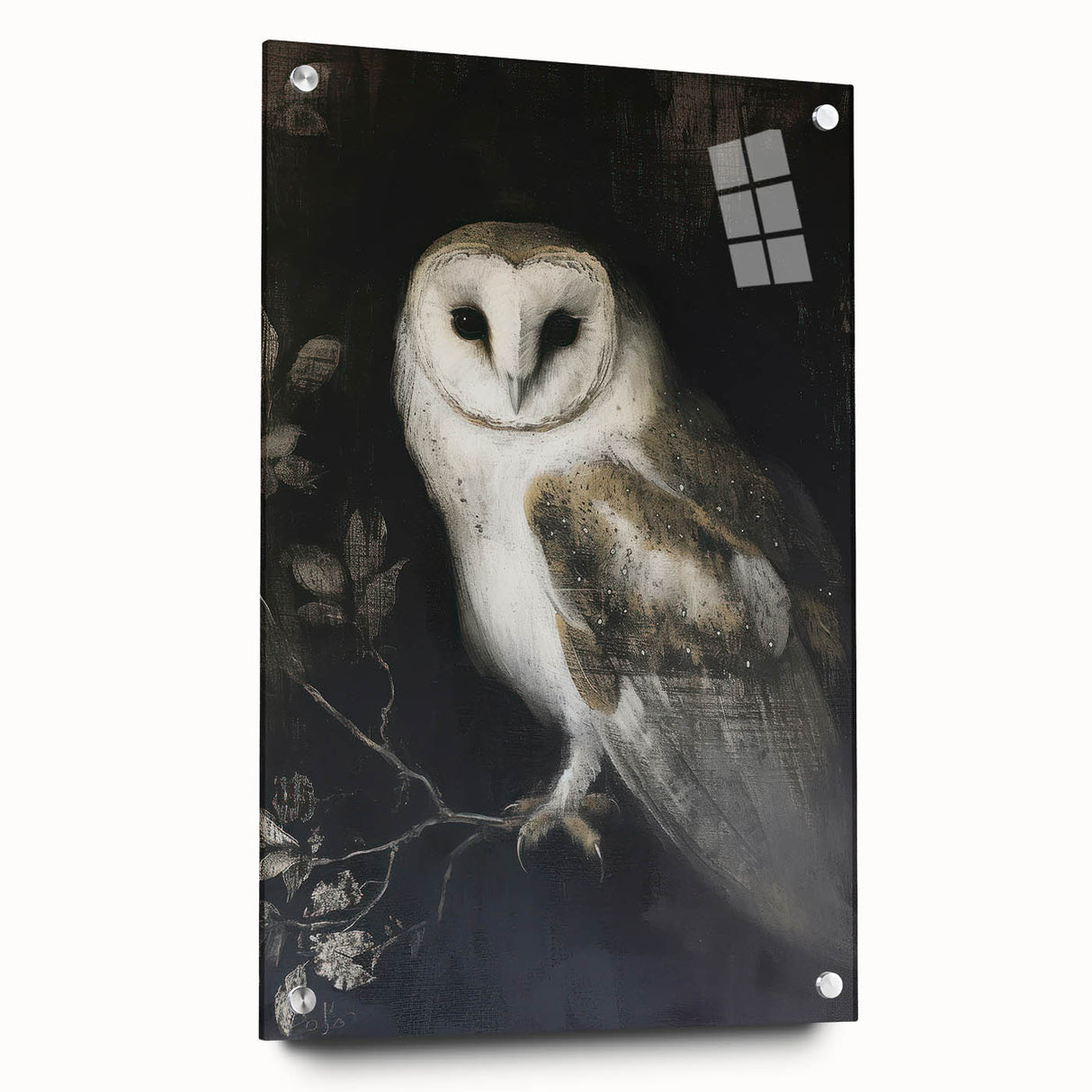 Acrylic glass display featuring a colorful animal design with vibrant details, mounted with pins for a sleek side view presentation, perfect for modern decor.
