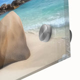 Close-up of a vibrant acrylic and glass artwork depicting a serene beach landscape, showcasing intricate details and vivid colors that evoke a sense of tranquility and escape.