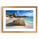 Elegant landscape artwork depicting a serene beach scene, framed in a stylish gold frame with a mat, perfect for enhancing any coastal-themed decor.