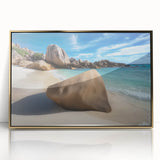 Framed acrylic artwork depicting a serene beach landscape, showcasing soft waves and golden sunset hues, perfect for coastal decor in modern spaces.