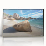 Framed acrylic artwork depicting a serene beach landscape with vibrant colors, perfect for home decor or coastal-themed interiors, showcasing calming ocean waves.