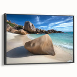 Framed canvas artwork depicting a serene beach landscape with vibrant colors and gentle waves, showcasing a black frame side view, ideal for home decor.