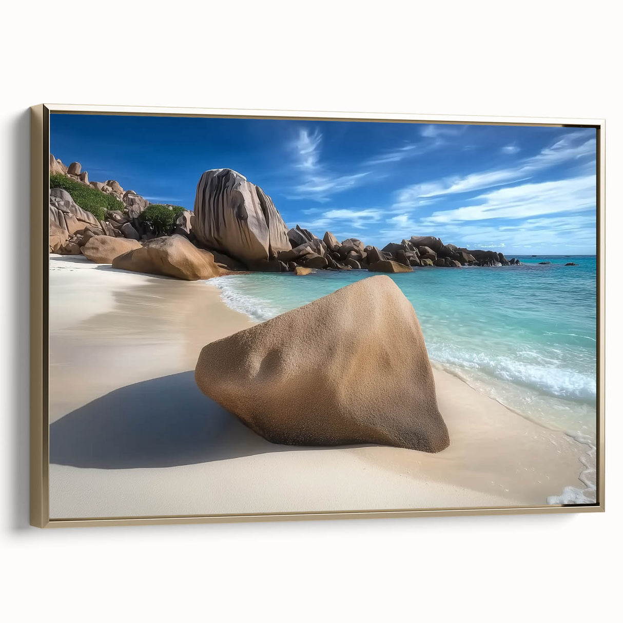 Framed canvas artwork depicting a serene beach landscape with golden accents, showcasing vibrant colors and a side view to highlight its elegant design and framing. This piece enhances any coastal-themed decor.