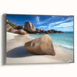 Framed canvas artwork depicting a serene beach landscape with vibrant colors, showcasing silver edges that enhance its modern aesthetic. Ideal for coastal home decor.